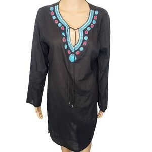 Elan Swim Coverup Midi Dress Beaded Lightweight Tie Front Slits Sides Sm‎